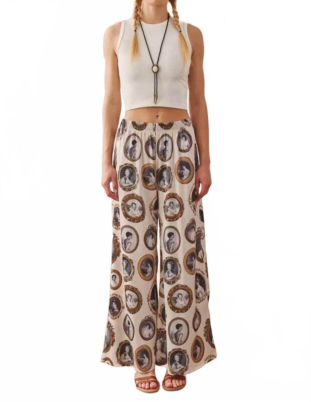 NEW JADE BY JANE vintage portrait print wide leg pants in ivory